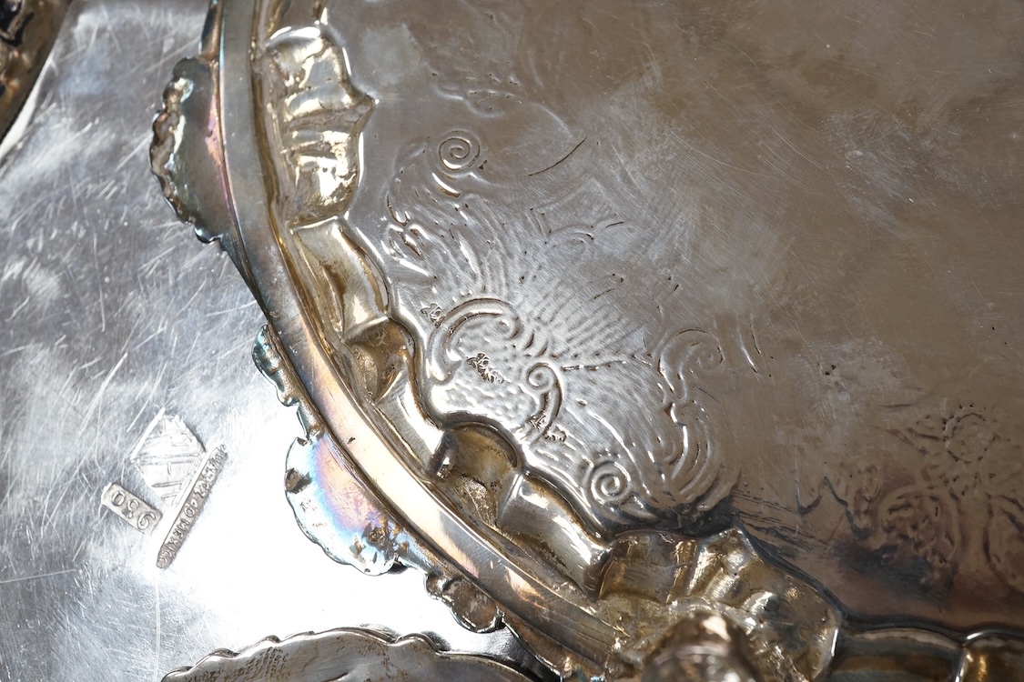 A Mexican sterling plate and small dish, an 800 standard white metal foliate bowl and a white metal dish and similar waiter, gross weight 30.5oz.